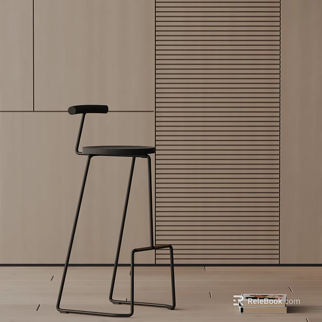 Modern Black Bar Stool With Slim Metal Legs And Wooden Slatted Backdrop 3d model 