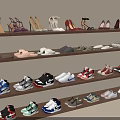 Various Stylish Shoes Including Heels Sneakers And Casual Pairs On Wooden Shelves