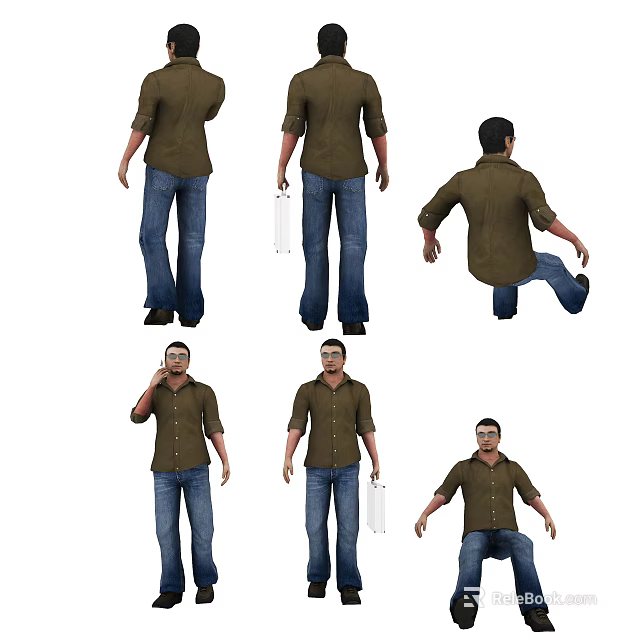 Man In Brown Shirt And Blue Jeans With Multiple Poses Standing Sitting And Holding Document 3d model 