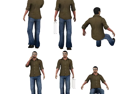 Man In Brown Shirt And Blue Jeans With Multiple Poses Standing Sitting And Holding Document 3d model