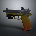 Tactical Pistol With Yellow Orange Grip And Black Barrel Textured Design