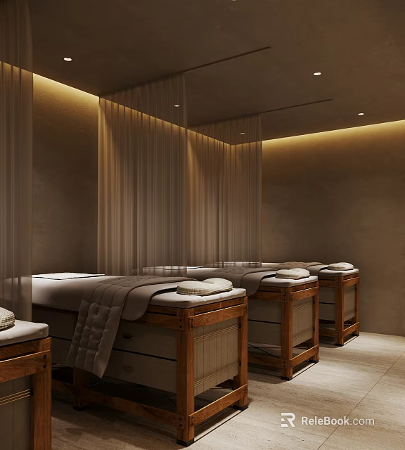 Serene Massage Room with Wooden Framed Beds White Towels Beige Walls and Soft Lighting 3d model 