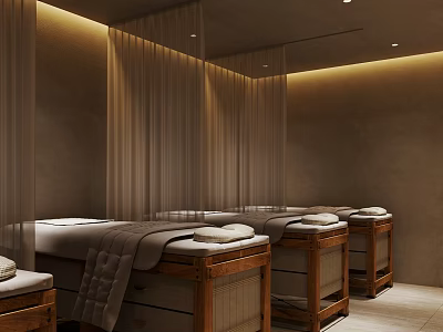 Serene Massage Room with Wooden Framed Beds White Towels Beige Walls and Soft Lighting 3d model