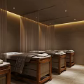 Serene Massage Room with Wooden Framed Beds White Towels Beige Walls and Soft Lighting