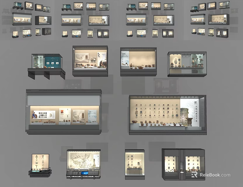 Museum Exhibition With Diverse Display Cases And Historical Artifacts Collection 3d model