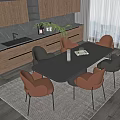 Modern Black Rectangular Dining Table Set with Brown Black Chairs and Wooden Cabinets 3d model