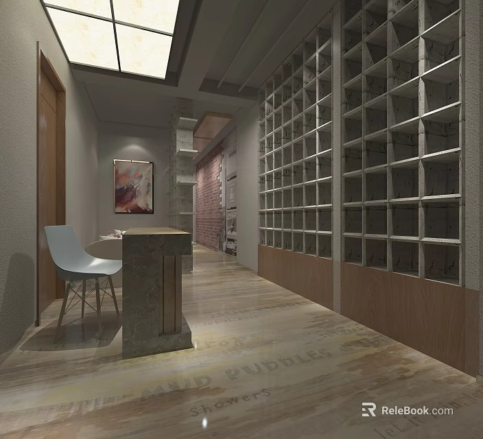 Modern Front Desk Reception Interior With Stone Counter White Chair Wall Art And Shelving Units 3d model 