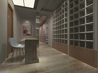 Modern Front Desk Reception Interior With Stone Counter White Chair Wall Art And Shelving Units 3d model
