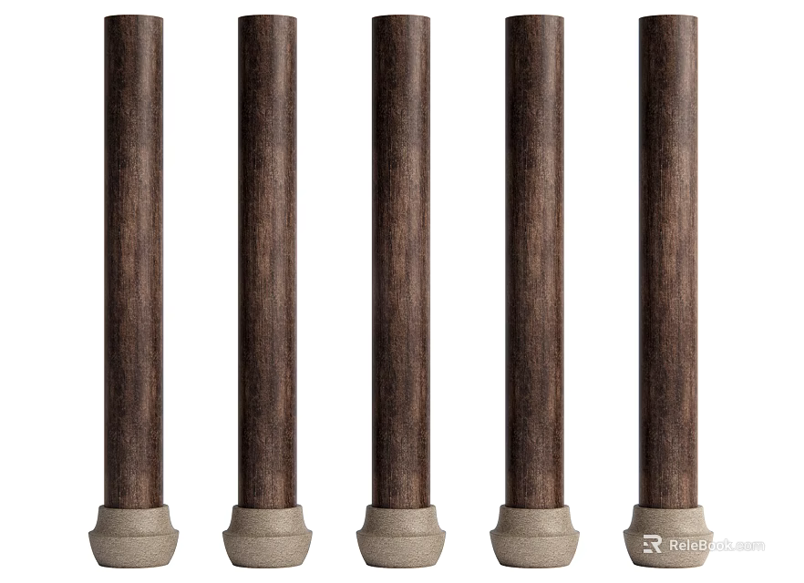 Five Tall Dark Brown Wooden Columns With Smooth Surface And Sturdy Base 3d model 