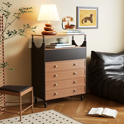 Modern Wooden Chest of Drawers with Light Wood Black Design Lamp Books and Leather Sofa 3d model