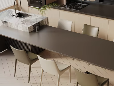 Modern Dining Table Set With Light Chairs Marble Island And Black Cabinets 3d model