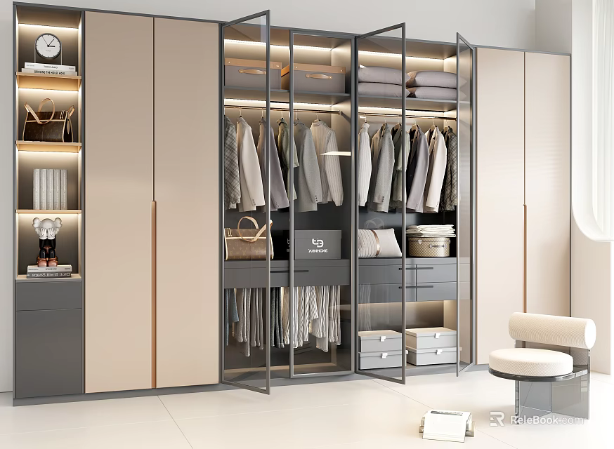 Elegant Modern Wardrobe Design With Glass Doors Built-in Storage Drawers And Hanging Space 3d model 