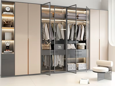 Elegant Modern Wardrobe Design With Glass Doors Built-in Storage Drawers And Hanging Space 3d model