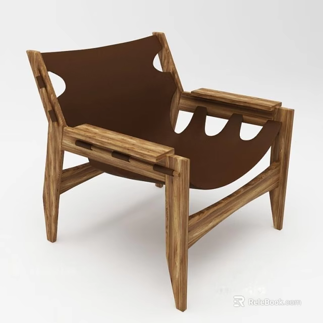 Minimalist Leisure Chair With Wooden Frame Brown Leather Upholstery Armrests And Geometric Cutouts 3d model 