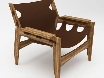 Minimalist Leisure Chair With Wooden Frame Brown Leather Upholstery Armrests And Geometric Cutouts 3d model