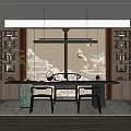 Traditional Tea Room Interior With Large Windows City View Bookshelves Pendant Lights And Long Table