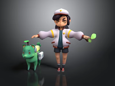 Woman Cartoon Character Wearing White Hat And Jacket Holding Green Leaf With Green Pig Companion 3d model