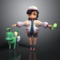 Woman Cartoon Character Wearing White Hat And Jacket Holding Green Leaf With Green Pig Companion