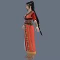 Woman In Traditional Red Long Dress With Decorative Belt And Leather Boots