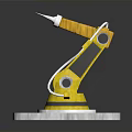 Yellow Robotic Arm Placed On White Square Base Platform With Metallic Structure 3d model