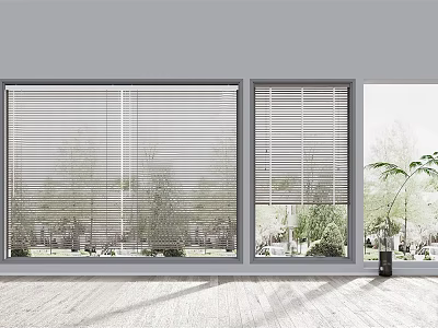 Window Blinds Covering Large Windows In Bright Modern Room With Outdoor Greenery View 3d model