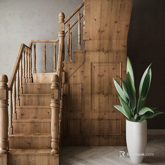 Wooden Staircase Components Including Handrail Steps Side Wooden Door and Green Plant Accent 3d model 
