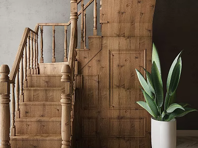 Wooden Staircase Components Including Handrail Steps Side Wooden Door and Green Plant Accent 3d model