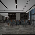 Modern Hotel Lobby Interior With Bar Counter High Stools Wine Racks And Large Windows