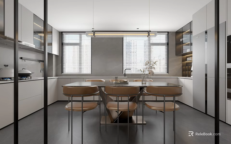 Modern Kitchen Interior With Open Dining Table Chairs Pendant Lights And Cabinets 3d model