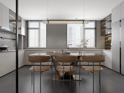 Modern Kitchen Interior With Open Dining Table Chairs Pendant Lights And Cabinets 3d model
