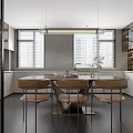 Modern Kitchen Interior With Open Dining Table Chairs Pendant Lights And Cabinets 3d model