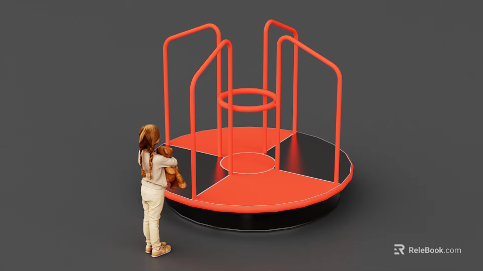 Child Holding Toy Next to Red and Black Rotating Playground Structure 3d model 