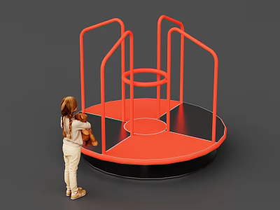 Child Holding Toy Next to Red and Black Rotating Playground Structure 3d model