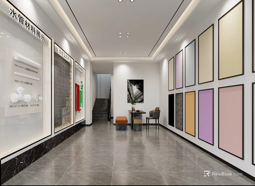 Modern Building Materials Showroom Interior With Colorful Wall Panels Tiles And Gray Floor 3d model 