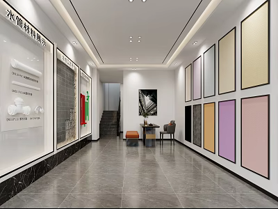 Modern Building Materials Showroom Interior With Colorful Wall Panels Tiles And Gray Floor 3d model