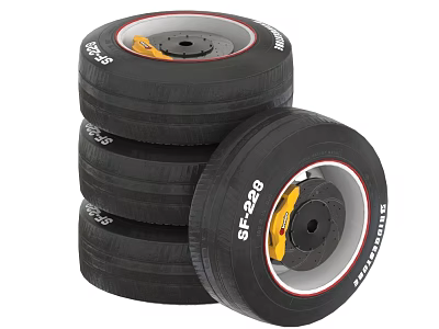 Stacked Black Tires With GF528 Model Yellow Rims And Red Trim 3d model