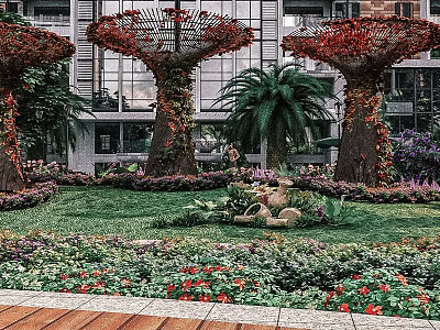 Artistic Garden Ornaments Featuring Red Trees Lawn Colorful Flowers and Deer Sculpture Near Modern Building 3d model