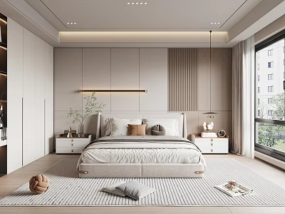 Modern Minimalist Bedroom Interior Design With Large Bed White Cabinets And Area Rug 3d model