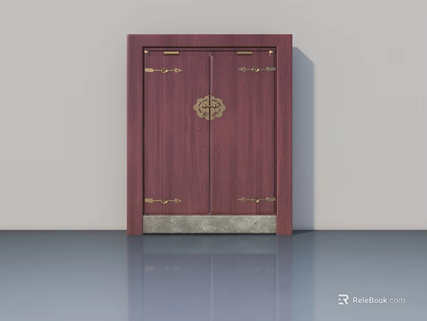 Dark Red Double Swing Door With Golden Decorations And Gray Base 3d model