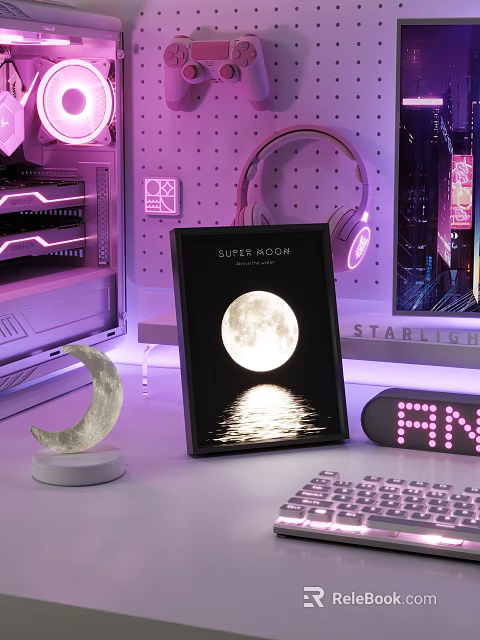 Entertainment Desk With Super Moon Artwork Crescent Moon Decor And Purple Lighting 3d model 