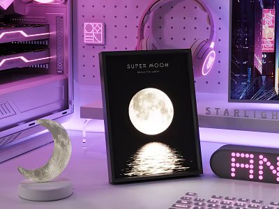 Entertainment Desk With Super Moon Artwork Crescent Moon Decor And Purple Lighting 3d model