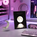 Entertainment Desk With Super Moon Artwork Crescent Moon Decor And Purple Lighting
