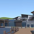 Commercial Street Surrounded By Lake Green Spaces Plaza And Modern Buildings