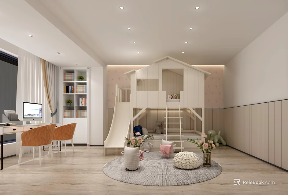 Cozy Kids Room Interior With Treehouse Bunk Bed Slide Bookshelf Computer Desk And Round Rug 3d model 