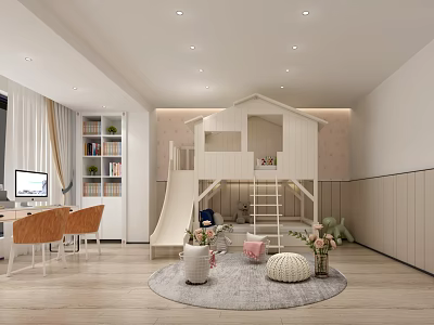 Cozy Kids Room Interior With Treehouse Bunk Bed Slide Bookshelf Computer Desk And Round Rug 3d model