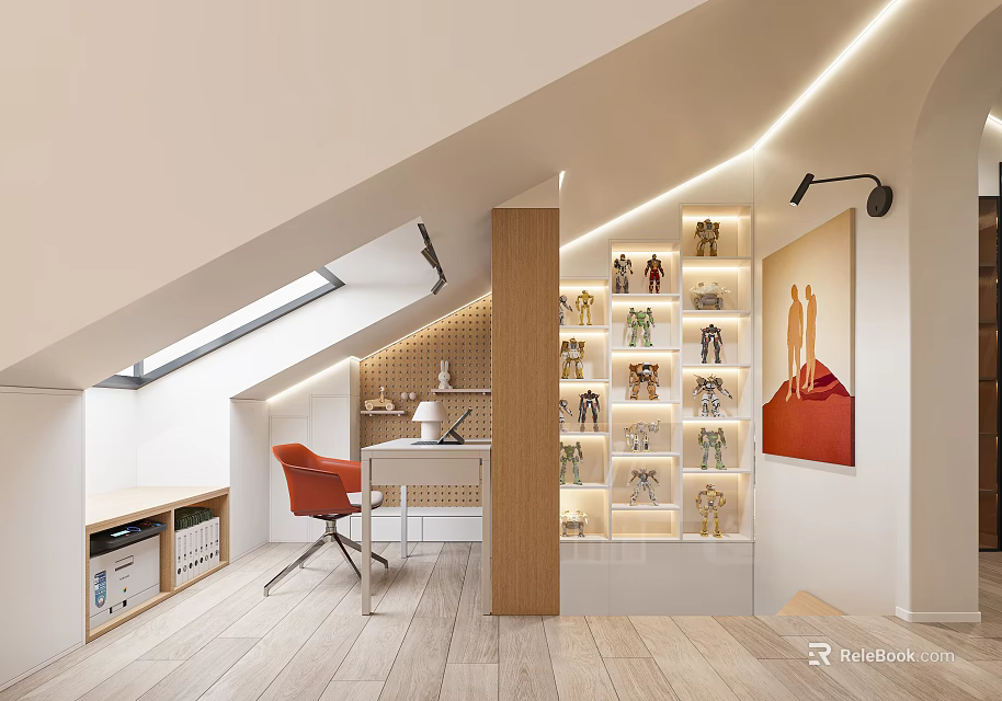Attic Study Room Interior Design With Skylight Orange Chair Desk Display Shelf And Red Painting 3d model 