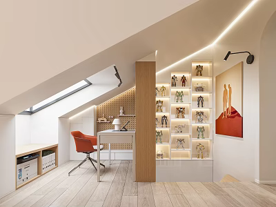 Attic Study Room Interior Design With Skylight Orange Chair Desk Display Shelf And Red Painting 3d model