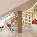 Attic Study Room Interior Design With Skylight Orange Chair Desk Display Shelf And Red Painting