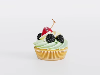 Freshly Baked Cupcake With Green Frosting Topped With Blackberries And Strawberry 3d model