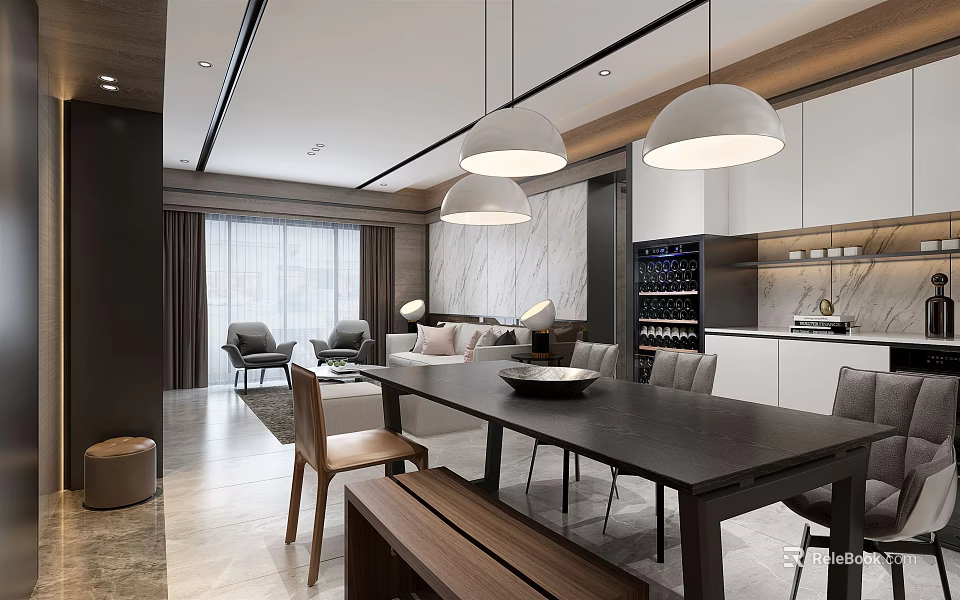 Modern Dining Living Room Interior Design With Pendant Lights Dining Table Sofa And Wine Cabinet 3d model 